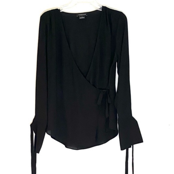 NWOT Nordstrom Trouvé Black Flowy Wrap Long Sleeve Blouse - Picture 4 of 8